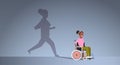 Disabled african american girl on wheelchair dreaming about recovery shadow of healthy woman running imagination