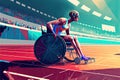 Disabled athlete in a wheelchair at the stadium, competition. Generative ai