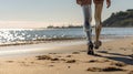 disabled athlete woman with prosthetic leg getting ready to run to run outdoor at the beach Generative AI