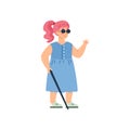 Disabled blind girl with walking stick, cartoon vector illustration isolated. Royalty Free Stock Photo