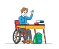 Disabled Boy Character in Wheelchair Sitting at Desk with Textbooks in Classroom Raising Hand. Handicapped Schoolboy