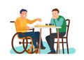 Disabled boy playing chess with friend. Handicapped player at chessboard. Man in wheelchair. Strategy game. Persons with
