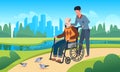 Disabled care. Young man walking with grandfather in wheelchair, public park summer landscape, physical therapy and