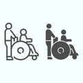 Disabled carriage line and solid icon. Medical transportation vector illustration isolated on white. A man pushing a