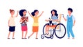 Disabled child. Girl in wheelchair, children group activity. Isolated friendly boy girl playing together. Social