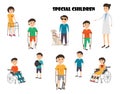 Disabled child, handicapped children in wheelchair