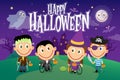 Disabled children in halloween costumes characters set. Vector group illustration Royalty Free Stock Photo