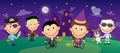 Disabled children in halloween costumes characters set. Vector group illustration Royalty Free Stock Photo