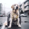 Disabled dog, hind limbs of a dog in a wheelchair on a city street.