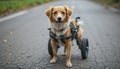 A disabled dog using a wheelchair. Royalty Free Stock Photo