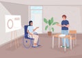 Disabled employee in office flat color vector illustration