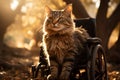 Disabled feline in wheelchair explores park, embodying courage and adaptive spirit