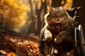 Disabled feline in wheelchair explores park, embodying courage and adaptive spirit