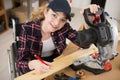 disabled female carpenter using circular saw Royalty Free Stock Photo