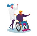 Disabled Female Riding Wheelchair with Nurse or Doctor Therapist Assistance. Woman Patient in Traumatology Hospital Royalty Free Stock Photo