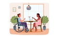 Disabled girl meeting with friend in cafe, talking, friendship handicap lifestyle