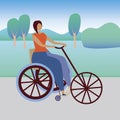 Disabled girl riding a bicycle as a concept of inclusiveness, disabled transport, activity, sport, flat vector stock illustration Royalty Free Stock Photo