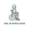 Disabled girl in wheelchair line icon, vector. Disabled girl in wheelchair outline sign, concept symbol, flat Royalty Free Stock Photo