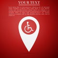 Disabled Handicap icon in map pointer. Invalid symbol icon isolated on red background Royalty Free Stock Photo