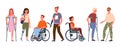 Disabled handicap people vector illustration set. Cartoon smiling man and woman patient handicapped characters standing Royalty Free Stock Photo