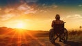 Disabled handicapped man has a hope. He is sitting on wheelchair and stretching hands at sunset. Generative Ai Royalty Free Stock Photo