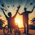 silhouette of disabled handicapped young man in wheelchair raised hands with his care helper in sunset