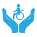 Disabled in hands blue icon. Protection, care concept