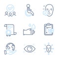 Disabled, Health eye and Face accepted icons set. Face biometrics, Eye checklist and Rubber gloves signs. Vector