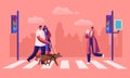 Disabled and Healthy Pedestrians with Pets Crossing Road Interchange in City, Blind Man Walking with Guide Dog and Woman Royalty Free Stock Photo