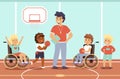 Disabled kid sport. Happy children in gym with coach, fun young wheelchair athletes, mixed sports team, active equal Royalty Free Stock Photo