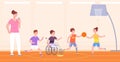 Disabled kids sport. Cartoon handicapped kid and friends playing basketball, coach training children in wheelchair Royalty Free Stock Photo