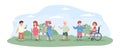 Disabled kids walking and socialising, cartoon vector illustration isolated.
