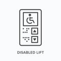 Disabled lift flat line icon. Vector outline illustration of wheelchair. Black thin linear pictogram for elevator panel Royalty Free Stock Photo