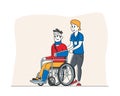 Disabled Male Character with Broken Hand and Leg Riding Wheelchair with Nurse Assistance. Man Patient in Traumatology Royalty Free Stock Photo