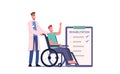 Disabled Male Character Riding Wheelchair with Nurse or Doctor Therapist Assistance. Man Patient in Traumatology Clinic Royalty Free Stock Photo