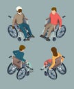 Disabled male and female people setting in wheelchairs. Isolated isometric vector illustrations