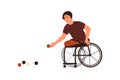 Disabled male playing petanque sitting in wheelchair vector flat illustration. Paralympic athlete with amputated legs