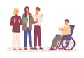 Disabled man with cv in wheelchair trying to find job vector flat illustration. Employers rejected resume of handicapped Royalty Free Stock Photo