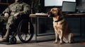 Disabled man in military uniform sitting in wheelchair with his dog near table work place laptop. Generative AI Royalty Free Stock Photo
