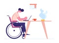 Disabled Man Sit on Wheelchair Working on Laptop with Calendar 2020 Hanging on Wall. Handicapped Male Character