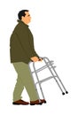 Disabled man strolls with walker vector illustration isolated on white background. Injured person walking with help assist tool.