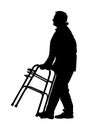 Disabled man strolls with walker vector silhouette isolated on white background. Injured person walking with help assist tool.