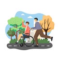 Disabled man using wheelchair enjoying walk in city park with his friend, flat vector illustration. Royalty Free Stock Photo