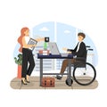 Disabled man using wheelchair working on laptop computer in office, flat vector illustration. Royalty Free Stock Photo