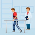 Disabled man walking with medical exoskeleton near the doctor. Rehabilitation. Vector.