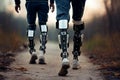 A disabled man is walking on metal robotic prostheses