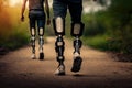 A disabled man is walking on metal robotic prostheses