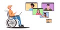 Disabled man wheelchair chatting with friends in web browser windows during video call online meeting