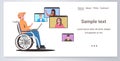 disabled woman wheelchair chatting with friends in web browser windows during video call online meeting