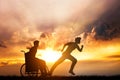 Disabled man in a wheelchair dreaming of running